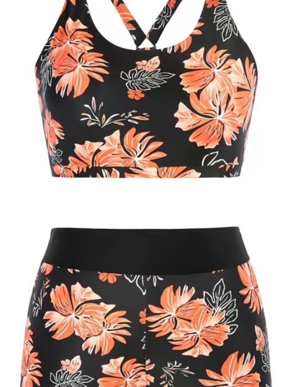 Floral High-Waist Bikini Set in Black with Coral Flowers